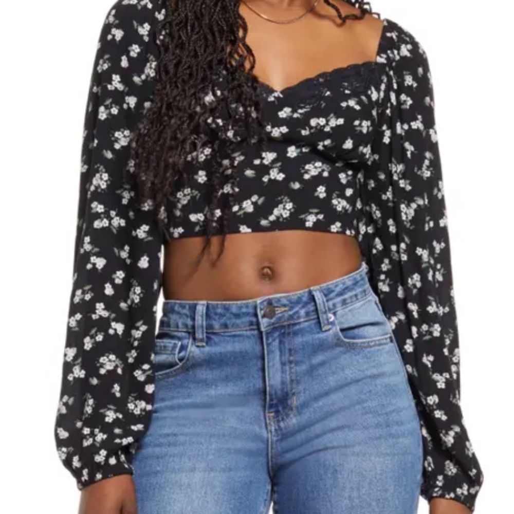 BP Lace Trim Long Sleeve Crop Top Black Floral Size XS Coquette Smocked Rayon